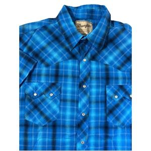 Wrangler Mens XXL‎ Blue Plaid Pearl Snap Button-Up Short Sleeve Shirt Western